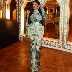 Slim fit high neck long sleeve maxi dress set featuring teal marble print and pleat details
