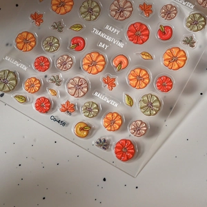 3D embossed Halloween pumpkin and autumn maple leaf nail art stickers with holiday text