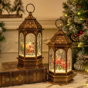 Lanterne natalizie vintage in bronzo con globo di neve e luce LED per decorazioni