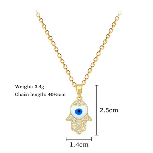 Detailed specs of Hamsa Hand necklace with blue evil eye pendant and crystal stones