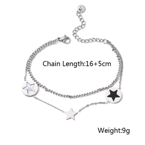 Detail of silver double-layer stainless steel bracelet featuring star pendants and sizing info