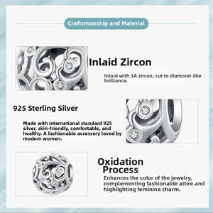 Macro detail of S925 sterling silver hollow vine bead with sparkling 3A cubic zirconia