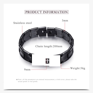 Detail view of 9mm wide black stainless steel watch chain bracelet with dimensions