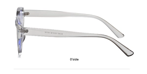 Detail view of transparent grey cat-eye glasses frame with size specs and CE marking