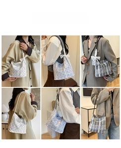 Detail shots of women's plaid tote bags with large decorative lace bows in multiple colors