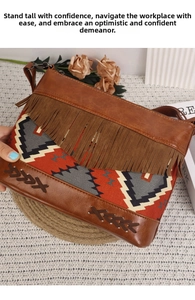 Detail of bohemian crossbody bag showing intricate woven patterns and leather tassels