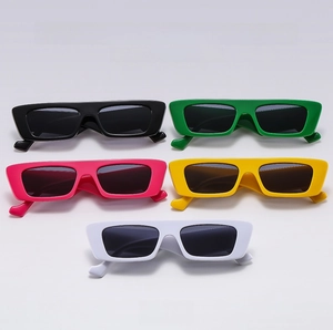 Vertical array of rectangular sunglasses in black, white, green, pink, and yellow colors