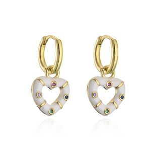 Detailed macro view of gold-plated heart earrings with colorful zircon and white enamel