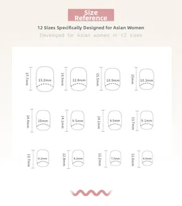 Detailed size chart showing 12 different dimensions for short press-on glitter nails