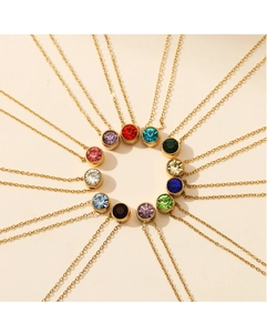 Detail view showing twelve vibrant round birthstone pendants on delicate gold chains