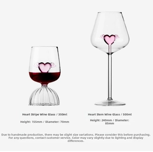 Detail of pink heart wine glasses in 350ml and 500ml sizes with internal wing decor