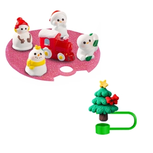 Detail view of pink glitter base with mini Christmas snowmen and green tree charm set