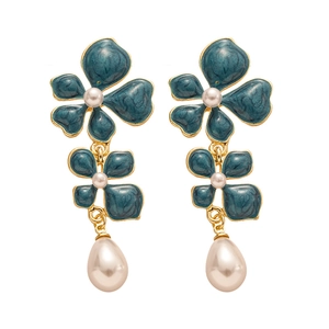 Vintage floral drop earrings with blue enamel flowers and large teardrop pearls