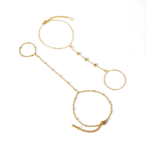 Elegant 18k gold plated stainless steel hand chain ring bracelet set for women