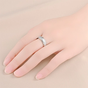 Close-up of a silver matte finish titanium steel ring showing polished edges on a finger