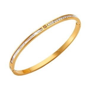 Golden stainless steel bangle featuring white mother of pearl inlay and clear zircon stones