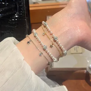 Double Layered Bracelet Faux Artificial Pearl Star Charm Zircon Rhinestone Pave Ball Elegant Fashion Jewelry For Women