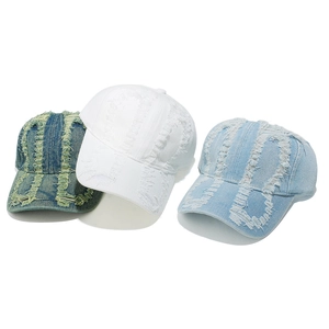 Vintage washed denim baseball caps with distressed holes in teal, white and light blue colors