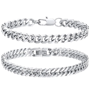 Polished silver stainless steel Cuban and Figaro chain bracelets set for men and women