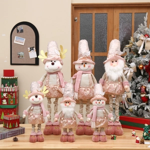 Pink Christmas Telescopic Plush Doll Reindeer Snowman Retractable Leg Figurine Standing Holiday Home Decoration Gift