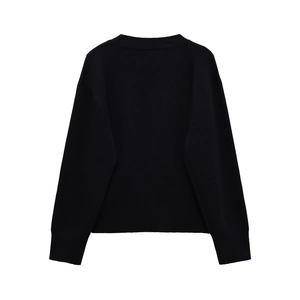 Close-up back view of black V-neck knit cardigan with ribbed cuffs and hemline detail