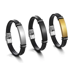 Men's titanium steel woven leather bracelets in gold, silver, and black finishes