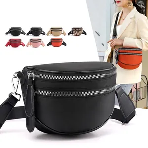 Women Fashion Nylon Crossbody Chest Bag Multi Zippers Multi Layer Large Capacity Casual Half Moon Sling Handbag