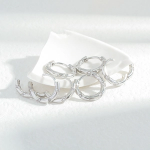 Detail of silver twisted earrings with inlaid sparkling cubic zirconia on white background