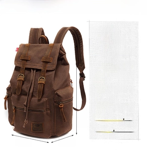 Detail view of vintage canvas backpack with crazy horse leather trim and metal buckles