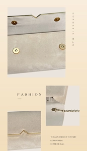 Detail view of beige velvet evening bag with gold V-trim and detachable chain strap