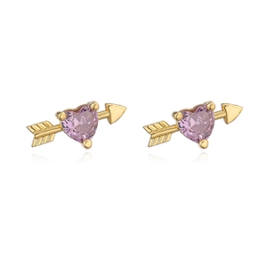 Detailed view of gold Cupid arrow earrings with purple heart zirconia on white background