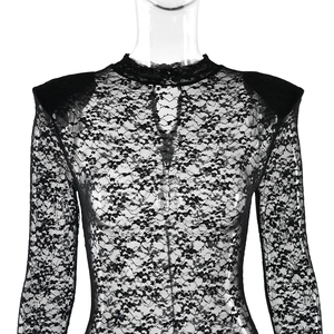 Close-up detail of sheer black lace bodysuit featuring padded shoulders and a high neck