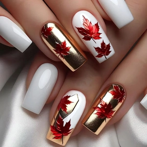 Autumn Maple Leaf Press On Nails Square Artificial Pearl White Gold False Nails ABS Plastic Manicure DIY Fashionable