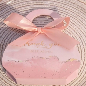 Pink marble pattern wedding gift box with gold Thank You text and ribbon handle
