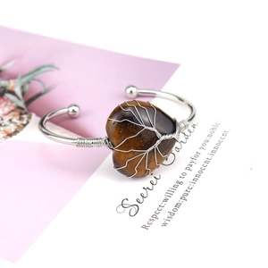 Handmade silver wire wrapped heart-shaped tiger eye stone cuff bracelet for women