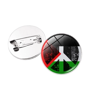 Detailed front and back view of a Palestine flag peace sign brooch badge with a metal base