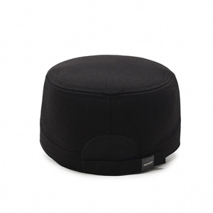 Classic black flat top military cap for elderly men with ear protection and thick lining