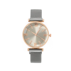 Women's rose gold watch with grey sunburst dial and magnetic mesh strap on white background