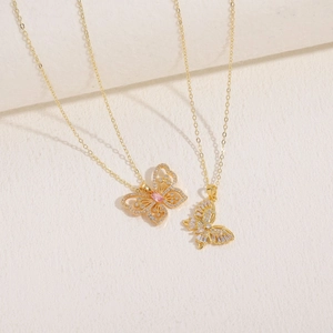 14K gold plated butterfly pendant necklace featuring sparkling zircons and pink gemstone