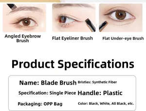 Detail of angled blade eyeliner brush with fiber bristles and eye makeup application