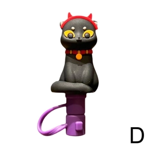 Detail of black cat silicone straw cover with red devil horns and bell for 10mm straws