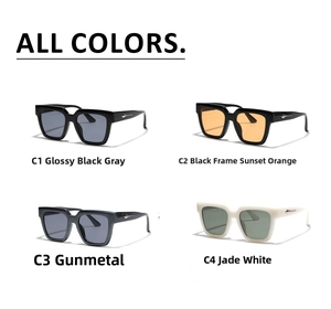Detailed grid view of square sunglasses in four trendy colors with metallic rivets