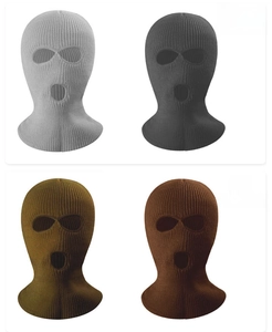 Detailed grid view of 4-pack knitted 3-hole balaclavas in grey, olive, and brown