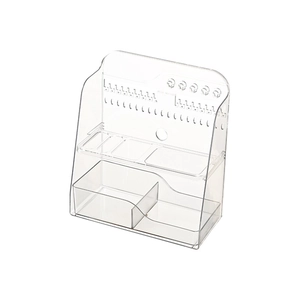Transparent PET vanity storage box for cosmetics and jewelry organized on a white background
