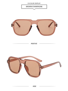 Detail view of brown and champagne retro geometric sunglasses with transparent resin frame