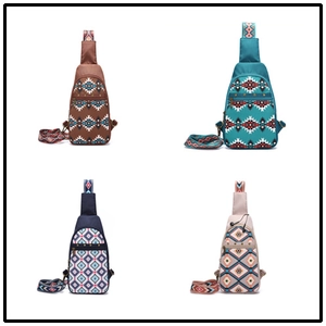 Detailed grid view of Aztec Bohemian crossbody bags in four vibrant geometric patterns