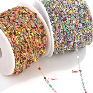 Colorful enamel bead stainless steel DIY chains in gold and silver finish, 1.5mm and 2mm