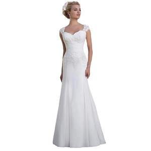 Elegant white lace A-line wedding dress with sweetheart neckline and floor-length train