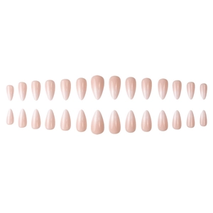 Lot de 30 faux ongles amande rose nude brillants présentés sur un fond blanc pur
