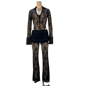 Sexy black lace two-piece set with long sleeves, deep V-neck and flared pants